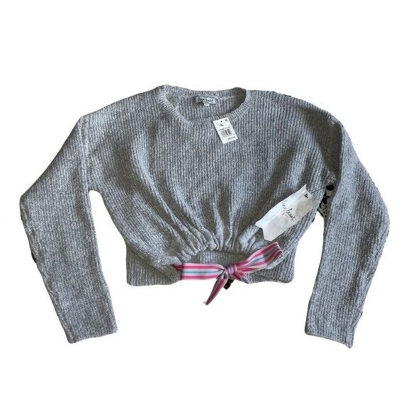 Crave Fame Grey Combo Knit Cropped Sweater W/ Pink Stripe Tie Medium - Picture 1 of 3